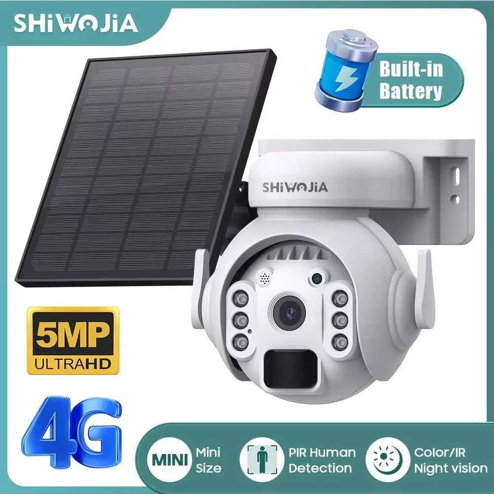 SHIWOJIA 3K 5MP 4G SIM Camera Solar Panel Security PTZ Camera Night Vision PIR Human Detection Surveillance Solar Battery Camera